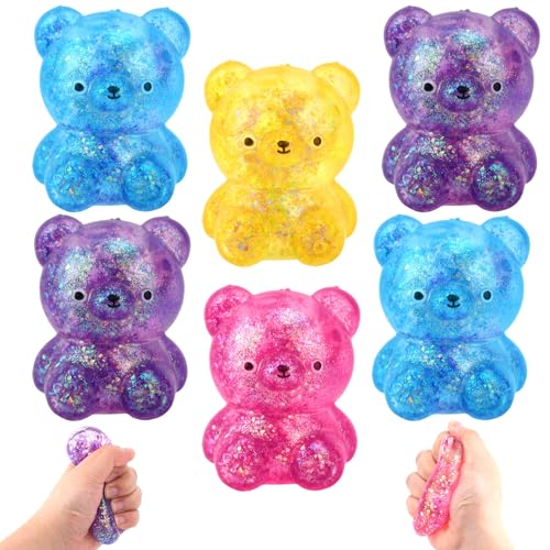 BOXOB 6stk Bären-Quetschspielzeug, Glitzernde Weiche Gummibärchen Matschig Sensorisches Zappelspielzeug Stressabbaubälle Perfekte Partygeschenke und Geschenke für Frauen und Männer(6 Farben) von BOXOB