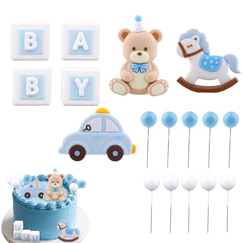 BOXOB Blaues Teddybär Kuchen Dekoration, Babyparty-Geburtstagskuchendekorationen mit Teddybär Schaukelpferd Auto Buchstabenblock-Luftballons für Party-Dekor BOXOB Blaues Teddybär Kuchen Dekoration, Babyparty-Geburtstagskuchendekorationen mit Teddybär Schaukelpferd Auto Buchstabenblock-Luftballons für Party-Dekor von BOXOB