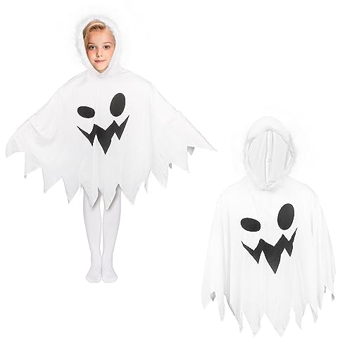 BOXOB Halloween Kostüme für Mädchen, Kleinkind Mädchen Geisterkleid Weiß Lächelnd Geister-Fanny-Kleid mit Kapuze Halloween-Umhang für Mädchen Geist Gruselig Cosplay Party Kostüme (M, 4-6 Jahre) von BOXOB