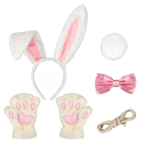 BOXOB Hasenkostüm Set, Weißes und Rosa Plüsch-Hasenohren-Stirnband Fliege Handschuhe Schwanz und Seil Süßes Hasen-Anziehzubehör für Frauen Halloween Ostern Cosplay Mottoparty von BOXOB