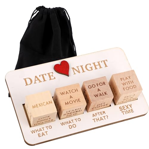 BOXOB Holz Datums NachtWürfel, 16x10cm Tragbar Holz Paar Würfel Set Entscheidungswürfel für Paare, Date Night Würfelspiel Geschenke zum Jahrestag Valentinstag (5 Würfel + Aufbewahrungstasche) von BOXOB