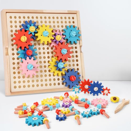 BOXOB Holz Zahnrad Baustein Spielzeug Set, Zahnrad Spielzeug Kinder Pädagogisches Konstruktionsspielzeug Kreativ Technische Bausteine Zahnrad Spiel Bauspielzeug Set für Jungen Mädchen von BOXOB