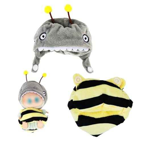 BOXOB Honigbienen-Stil Puppenkleidung, Niedliches Kostüm-Set für 15cm Sitzende & 17cm Stehende Plüschpuppen-Accessoires Inklusive Haifisch-Bienen-Hut Und Gelb-Schwarzer Gestreifter Kleidung von BOXOB