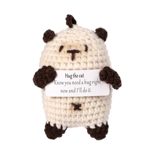 BOXOB Lustige Positive Katze, 9,5cm Kreative Süße Gestrickte Katzenpuppe mit Inspirierender Karte Glücksgeschenk Katze Gehäkelt für Plüsch-Geburtstagsgeschenk Party-Dekoration Ermutigung von BOXOB