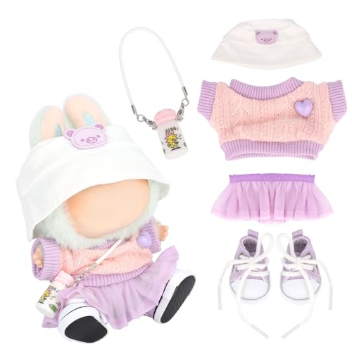 BOXOB Plüschpuppen Kleidung Set, 5stk Kawaii Outfit Enthält Pullover, Lila Tüllrock, Hut, Kleine Wasserflasche und Leinenschuhe zum Anziehen von 15cm 17cm Puppenzubehör (Keine Puppen) von BOXOB