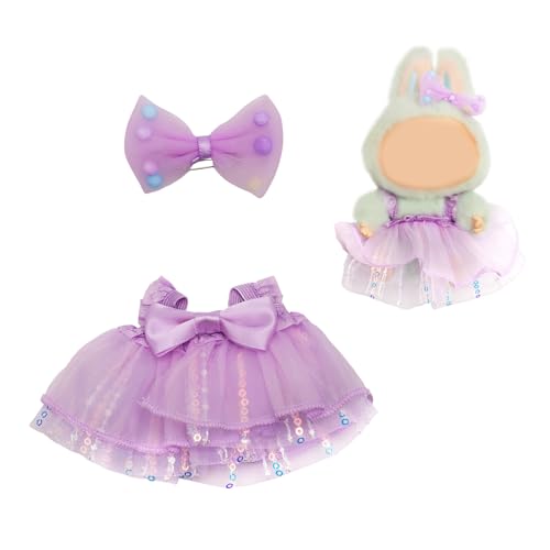BOXOB Puppenkleid-Outfit für 13cm Große Plüschpuppen, Kawaii Lila Pailletten-Gazerock mit Schleifenclip Luxus Puppenkleidungszubehör zum Anziehen und Sammeln (Keine Puppe Enthalten) von BOXOB