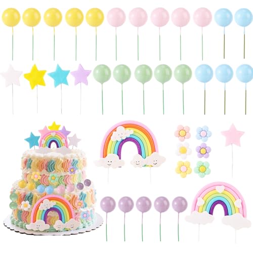 BOXOB Regenbogen-Kuchenaufsatz, Bunte Pastellkugeln Boho-Gänseblümchen-Blumen-Kuchenaufsätze Pastell-Regenbogen-Partyzubehör für Regenbogen-Geburtstags-Babyparty von BOXOB