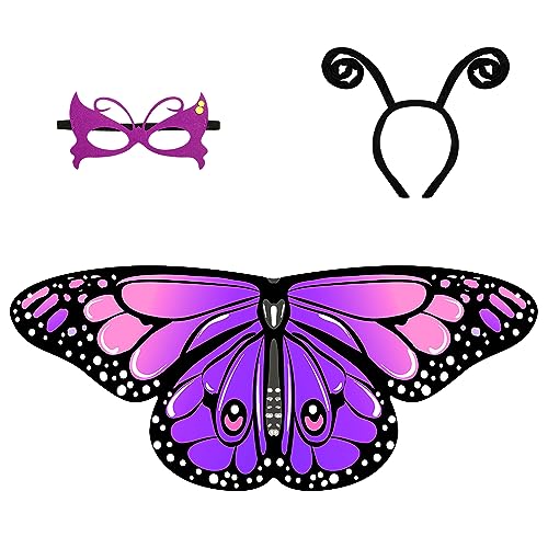 BOXOB Schmetterlingsflügel Kostüm, 118x48cm Schmetterlingsflügel Kostüm Kinder mit Stirnband und Lila Augenmaske Schmetterling Flügel Set für Frauen und Mädchen Halloween Partygeschenk (Fuchsia) von BOXOB