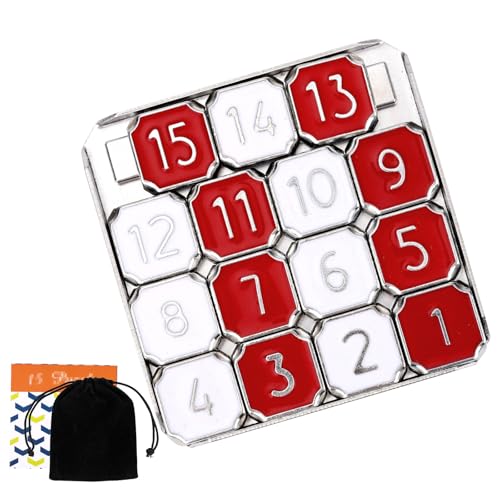 BOXOB Zinklegierung 15-Zahlen-Schiebepuzzle, Metall-Rätselspiel Tragbar Schiebeplättchen-Puzzle mit Aufbewahrungstasche Pädagogisches Reisespielzeug für Geburtstag Ostern Geschenk (Rot/Weiß) von BOXOB