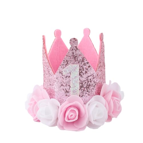 Krone zum 1. Geburtstag für Mädchen, Glitzer Prinzessinnen Hut Baby Foto Booth Requisiten Kleinkind Haarband für Kuchen Smash & Meilenstein Feier (Rosa) von BOXOB