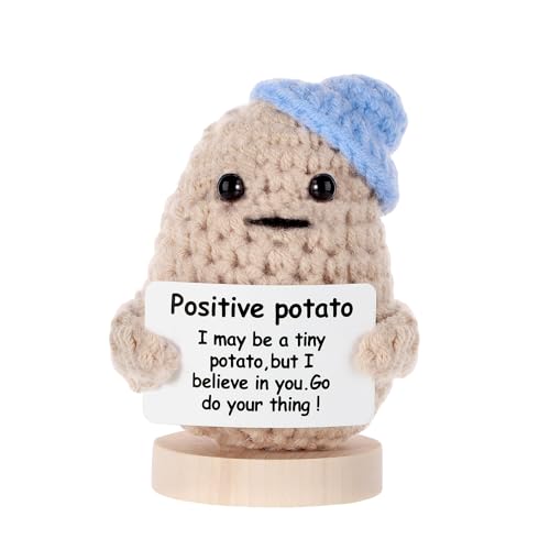 Lustige Positive Kartoffel, 9cm Süße Potato Gehäkelt mit Basis Gestrickte Kartoffelpuppe mit Ermutigungskarten für Weihnachten Geburtstag Valentinstag Party-Dekoration (Blauer Hut) von BOXOB