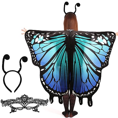 Schmetterlingsflügel für Frauen, Schmetterlingsflügel Erwachsene mit Spitzenmaske und Tentakel-Stirnband Schmetterlingskostüm für Mädchen Halloween-Kostüm für Frauen (Blau Grün) von BOXOB