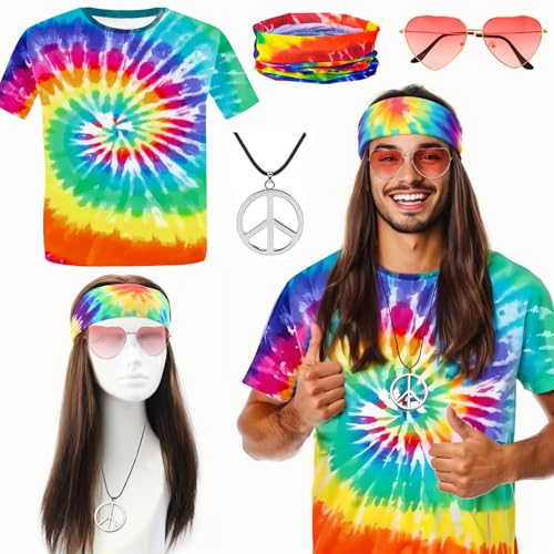 70er Hippie Kostüm Herren Set 5tgl, Hippie T-Shirt Perücke Sonnenbrille Peace Kette Stirnband Hippie Accessoires, Hippie Perücke Herren 70er Jahre Bekleidung Herren, 70er 80er Karneval Kostüm 70er Hippie Kostüm Herren Set 5tgl, Hippie T-Shirt Perücke Sonnenbrille Peace Kette Stirnband Hippie Accessoires, Hippie Perücke Herren 70er Jahre Bekleidung Herren, 70er 80er Karneval Kostüm von BOYATONG