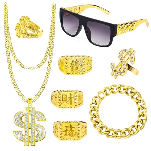 8 Stück Zuhälter Kostüm, 80/90er Jahre Outfit Herren Hip Hop Kostüm Zubehör, Hip Hop Dollar Halskette Gangster Gang Sonnenbrille Armbänder Ring, für 80er Jahre Outfit Herren Karneval Party Mottoparty 8 Stück Zuhälter Kostüm, 80/90er Jahre Outfit Herren Hip Hop Kostüm Zubehör, Hip Hop Dollar Halskette Gangster Gang Sonnenbrille Armbänder Ring, für 80er Jahre Outfit Herren Karneval Party Mottoparty von BOYATONG