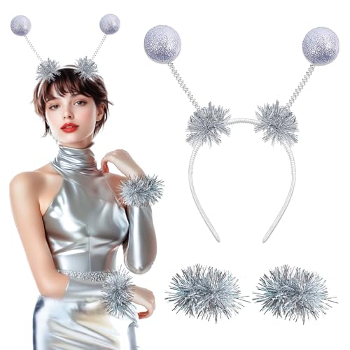 BOYATONG Alien Kostüm Damen & Herren, Silbernes Alien Haarreif & Armbänder, Glitzerkugeln Haarreif, Space Girl Kostüm Fasching, Karneval & Party, Einheitsgröße, Unisex-Kinder & Erwachsene von BOYATONG