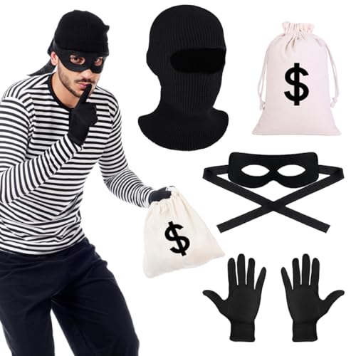 BOYATONG Bankräuber Kostüm, 4 Stück Dieb Kostüm, Panzerknacker Kostüm Accessoire, Bandit Kostüm mit Geldsack Augenmaske Schwarz Dieb Maske Handschuhe für Karneval Fasching Cosplay Gangster Mottoparty BOYATONG Bankräuber Kostüm, 4 Stück Dieb Kostüm, Panzerknacker Kostüm Accessoire, Bandit Kostüm mit Geldsack Augenmaske Schwarz Dieb Maske Handschuhe für Karneval Fasching Cosplay Gangster Mottoparty von BOYATONG