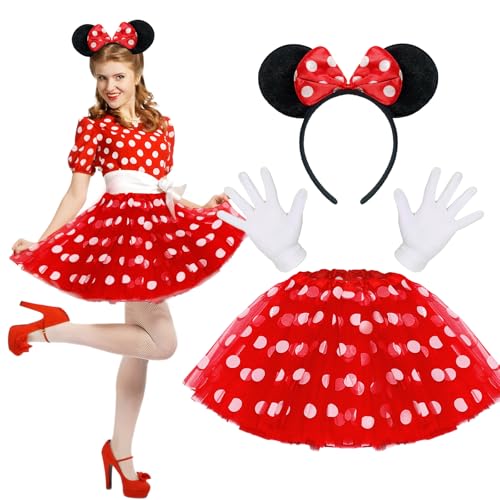 BOYATONG Faschingskostüme Damen, Maus Kostüm Damen, Maus Ohren Haarreifen, Rot Tutu und Handschuhe, Karneval Kostüm Damen Mouse Kostüm, für Karneval Motto Cosplay Party von BOYATONG