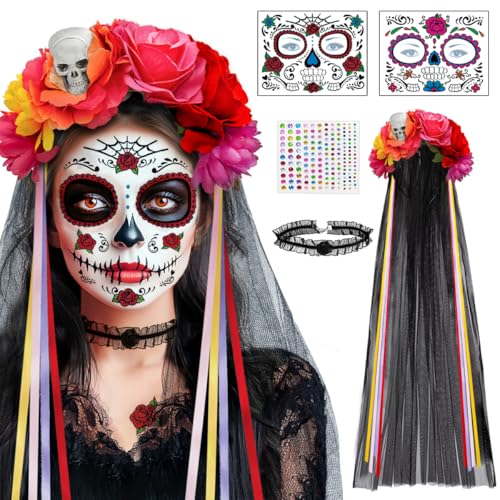 Haarreif Fasching Dia De Los Muertos Kostüm Damen, Totenkopf Blumenschleier, Gesichtstattoo Karneval,Kragen und Diamantaufkleber,Tag Der Toten Karneval Accessoires Halloween Kopfschmuck Haarband Rosen Haarreif Fasching Dia De Los Muertos Kostüm Damen, Totenkopf Blumenschleier, Gesichtstattoo Karneval,Kragen und Diamantaufkleber,Tag Der Toten Karneval Accessoires Halloween Kopfschmuck Haarband Rosen von BOYATONG