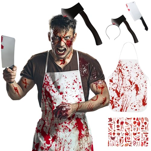 BOYATONG Halloween Kostüm Herren, Metzger Kostüm, Metzgerschürze mit Messer Halloween Axt Im Kopf und 10 Stück Narben Tattoos, Horror Kostüm Accessoires für Halloween Party Cosplay BOYATONG Halloween Kostüm Herren, Metzger Kostüm, Metzgerschürze mit Messer Halloween Axt Im Kopf und 10 Stück Narben Tattoos, Horror Kostüm Accessoires für Halloween Party Cosplay von BOYATONG