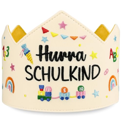 BOYATONG Schulkind 2025 Einschulung Krone, Hochwertig Bestickt Anpassbare Schnürung Zweifarbig, Deko Einschulung Mädchen Junge - Hurra SCHULKIND von BOYATONG