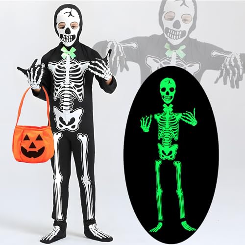 BOYATONG Skelett Kostüm Kinder Leuchtend, Halloween Kostüm Jungen Mit Kürbis Tasche, Grusel Onesie für Halloween Party Cosplay (125cm) von BOYATONG