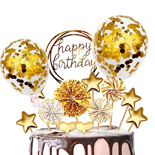 BOYATONG Tortendeko Geburtstag,Tortendeko Gold,Kuchendeko Geburtstag, Cake Topper Happy Birthday,Kuchendeko Golden mit Konfetti Luftballon und Papierfächer für Geburtstagstorte Dekoration von BOYATONG
