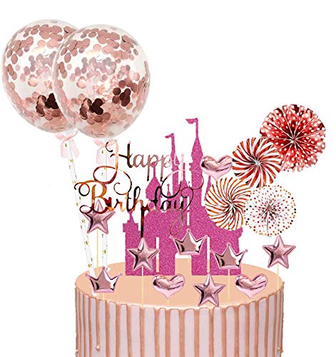 24 Stück Happy birthday Tortendeko Kuchendeko Geburtstag Rosegold,Glitter Cake Topper Happy Birthday,Cupcake Topper Geburtstag für Mädchen Kinder mit Sternen,Ballon und Papierfächer Rosegold von BOYATONG