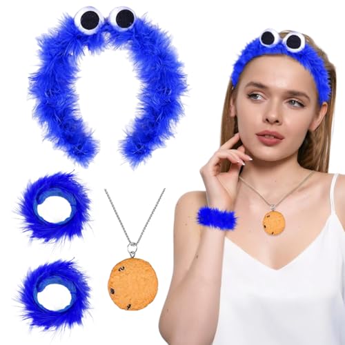 BOYATONG Krümelmonster Kostüm Damen Kinder 4 pcs, Krümelmonster Haarreif Blau, Cookie Halskette Feather Schnapparmband, Karneval Kostüm Accessories für Fasching Mottoparty Cosplay Halloween von BOYATONG