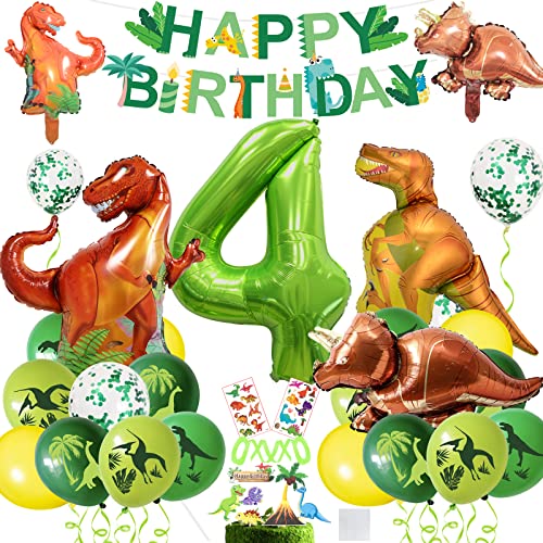 XXL Dino Geburtstag Deko, Geburtstagsdeko 4 Jahr Jungen,Folienballon Zahlenballon 4,Luftballons Grün für Dinosaurier Party Dekoration Dschungel Party Kinder von BOYATONG