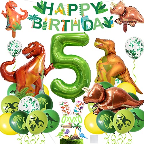 XXL Dino Geburtstag Deko, Geburtstagsdeko 5 Jahr Jungen,Folienballon Zahlenballon 5,Luftballons Grün für Dinosaurier Party Dekoration Dschungel Party Kinder von BOYATONG