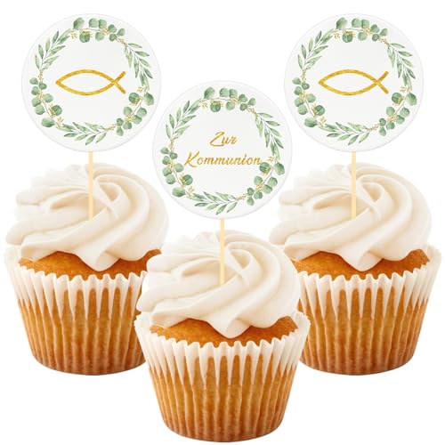 Cake Topper Kommunion, 24 Stück Fisch Eukalyptus Cupcake Torte Deko, Zur Kommunion Erstkommunion Tortendeko Junge Mädchen, Personalisiert Muffin Deko Party von BOYATONG