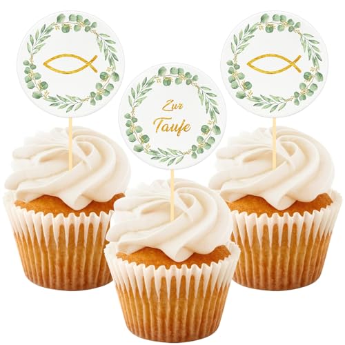 Cake Topper Taufe, 24 Stück Fisch Eukalyptus Cupcake Torte Deko, Zur Taufe Tortendeko Junge Mädchen, Personalisiert Muffin Deko Taufdeko Party Geschenke von BOYATONG