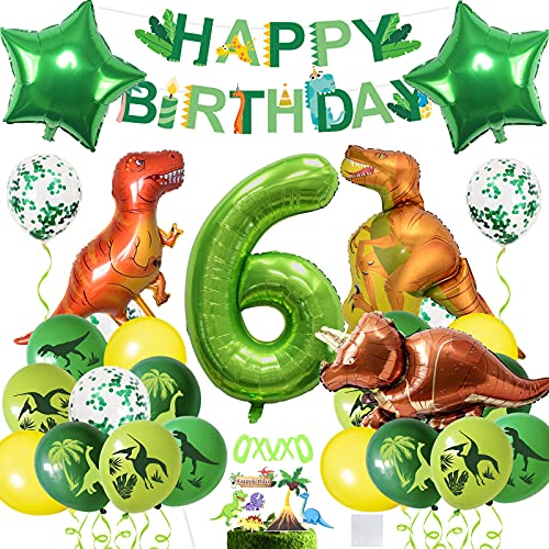 Dinosaurier Geburtstagsdekorations-Kit - Luftballons für 6. Geburtstag, Riesen Folienballon Zahl 6, Dino-Deko für Jungen, Kindergeburtstag von BOYATONG