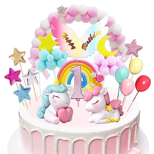 Einhorn Tortendeko 1. Geburtstag Mädchen, Einhorn Kuchendeko mit Kerze 1 Jahr, Einhorn Figuren Cake Topper 1. Geburtstag, Einhorn Torten Deko für Mädchen von BOYATONG