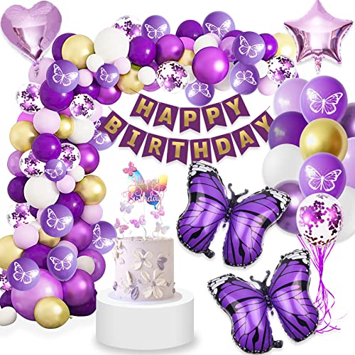 Geburtstagsdeko, Lila Deko Geburtstag Mädchen, Lila Schmetterling Folienballons, Deko Schmetterling Geburtstag Party Set, Lila Girlande Happy Birthday, für Frauen Mädchen Geburtstag Party Deko von BOYATONG