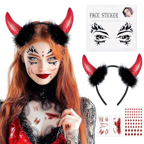 BOYATONG Karneval Kostüm Damen, Teufelshörner mit Glitzersteinen und Narben Tattoo, Teufel Kostüm Teufelsohren Haarreif Faschingskostüm Damen, Vampir Kostüm für Fasching Halloween Cosplay BOYATONG Karneval Kostüm Damen, Teufelshörner mit Glitzersteinen und Narben Tattoo, Teufel Kostüm Teufelsohren Haarreif Faschingskostüm Damen, Vampir Kostüm für Fasching Halloween Cosplay von BOYATONG