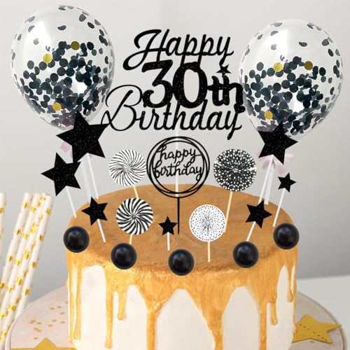 Tortendeko 30 Geburtstag Schwarz, Acryl Kuchen Topper, Happy Birthday Cake Topper, Happy 30.Birthday Kuchendeko, Glitzer Cupcake Topper mit Konfetti Luftballon und Papierfächer von BOYATONG