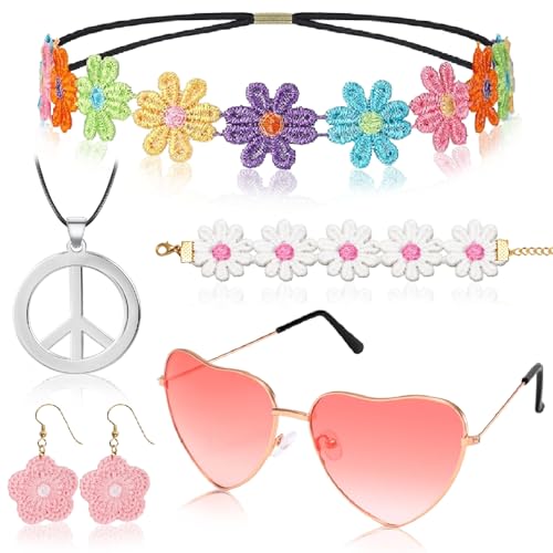Hippie Kostüm Damen, Faschingskostüme Damen Hippie Accessoires, 5 Stück Hippie Accessoires Damen - 70er Jahre Bekleidung Damen Zubehör,Flower Power Accessoires,Peace Kette,Hippie Brille (Böhmen Stil) Hippie Kostüm Damen, Faschingskostüme Damen Hippie Accessoires, 5 Stück Hippie Accessoires Damen - 70er Jahre Bekleidung Damen Zubehör,Flower Power Accessoires,Peace Kette,Hippie Brille (Böhmen Stil) von BOYATONG