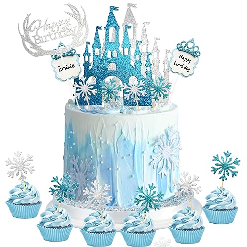 Schloss Schneeflocke Blau Weiß Tortendeko mit Schneeflocke Konfetti Weiß Silber für Geburtstag Tortendeko Mädchen Weihnachten Kuchendeko von BOYATONG
