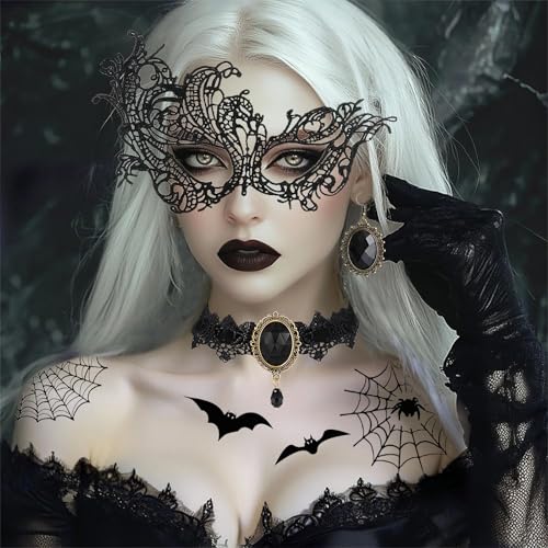 BOYATONG Steampunk Damen Accessoires 4 PCS, Hexenkostüm Gesichtstattoo Karneval & Venezianische Maske & Choker Schwarze Spitze & Ohrringe, Hexe Piraten Fasching Gothic Kostüm Damen Schminke Zubehör BOYATONG Steampunk Damen Accessoires 4 PCS, Hexenkostüm Gesichtstattoo Karneval & Venezianische Maske & Choker Schwarze Spitze & Ohrringe, Hexe Piraten Fasching Gothic Kostüm Damen Schminke Zubehör von BOYATONG