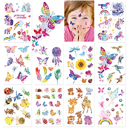 Tattoo Kinder, Glitzer Temporäre Tattoos Kinder, Tattoos für Kinder,Cartoon Tattoos Set Einhorn Schmetterling,Wasserdicht Tattoo für Mädchen und Jungen in Festival Party Geschenk Mitgebsel Dekoration von BOYATONG