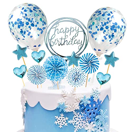 Tortendeko Geburtstag Blau, Happy Birthday Kuchendeko Kuchen Topper, Sterne Liebe Papierfächer Cupcake Topper, Glitter Torte Deko für Mädchen Junge Frauen Mann Kinder Geburtstag Taufe Party von BOYATONG