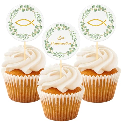 Cake Topper Konfirmation, 24 Stück Fisch Eukalyptus Cupcake Torte Deko, Zur Konfirmation Tortendeko Junge Mädchen Geschenke, Personalisiert Muffin Deko Party, Konfirmationsgeschenke von BOYATONG