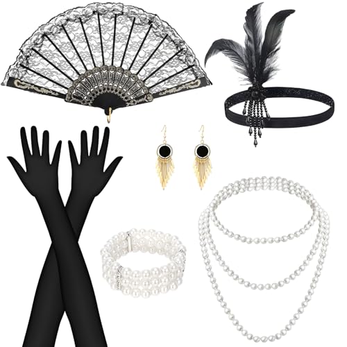 6-teiliges Vintage-Flapper-Zubehör-Set, 1920er-Jahre Accessoires für Damen, Great Gatsby Damen-Accessoires mit Feder-Stirnband, Ohrringen, Halskette, Armbändern, Ärmeln, Fächer für Gatsby-Partys oder 6-teiliges Vintage-Flapper-Zubehör-Set, 1920er-Jahre Accessoires für Damen, Great Gatsby Damen-Accessoires mit Feder-Stirnband, Ohrringen, Halskette, Armbändern, Ärmeln, Fächer für Gatsby-Partys oder von BOZILY