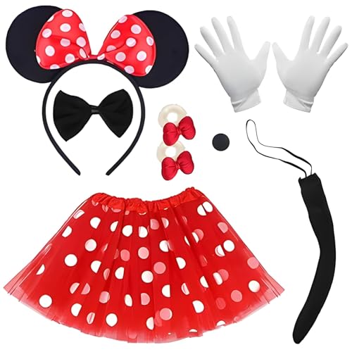7-teiliges Maus-Kostüm für Kinder, Weltbuchtagskostüme für Mädchen, roter Tutu-Rock mit weißen Punkten, Mausohren, Stirnband + Nase + Schwanz, Fliege, Handschuhe, Haarreif, Faschingskostüme für Party 7-teiliges Maus-Kostüm für Kinder, Weltbuchtagskostüme für Mädchen, roter Tutu-Rock mit weißen Punkten, Mausohren, Stirnband + Nase + Schwanz, Fliege, Handschuhe, Haarreif, Faschingskostüme für Party von BOZILY