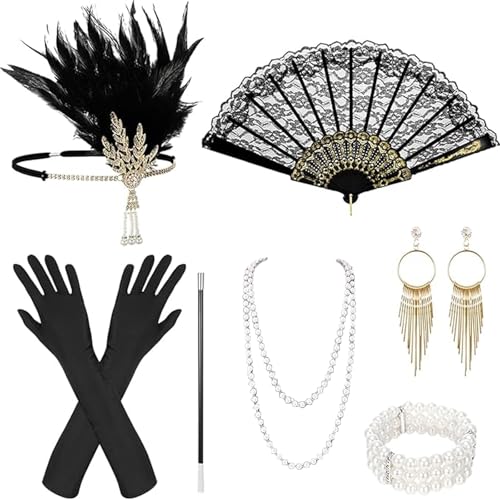 9 Stück 20er Jahre Accessoires,Great Gatsby Accessoires Damen,Handschuhen,Perlenkette,Flapper Stirnband,Ohrringen,Spitze Faltfächer,Armband,Charleston Accessoires Damen für 20er Jahre Thema Party 9 Stück 20er Jahre Accessoires,Great Gatsby Accessoires Damen,Handschuhen,Perlenkette,Flapper Stirnband,Ohrringen,Spitze Faltfächer,Armband,Charleston Accessoires Damen für 20er Jahre Thema Party von BOZILY