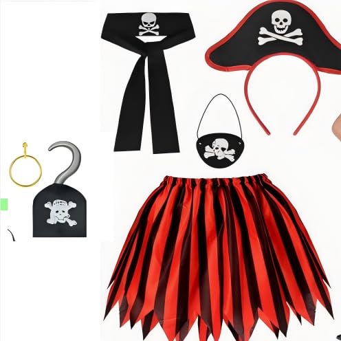 BOZILY 6 Stück Piratenkostüm für Mädchen, mit Totenkopf Haarband, Augenklappe, Ohrring, Stoffhaken, Rock und Gürtel, Piratenkostüm Kinder für Halloween, Fasching, Mottoparty BOZILY 6 Stück Piratenkostüm für Mädchen, mit Totenkopf Haarband, Augenklappe, Ohrring, Stoffhaken, Rock und Gürtel, Piratenkostüm Kinder für Halloween, Fasching, Mottoparty von BOZILY