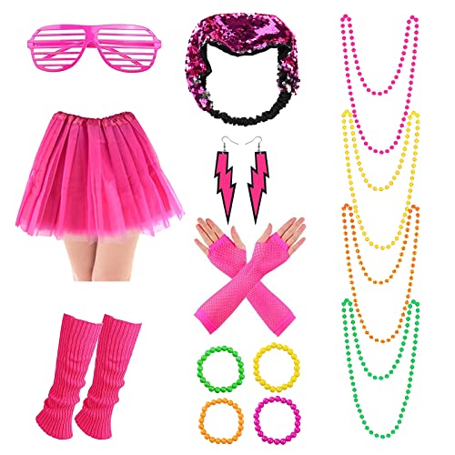 BOZILY 80er Jahre Outfit Kleidung Damen Set 80er Jahre Kostüm Accessoires mit Stirnband Netzhandschuhe Ohrringe Armband Halsketten Kleidung Brille Beinstulpen Haarbänder für Party Mädchen Kinder Rosa von BOZILY