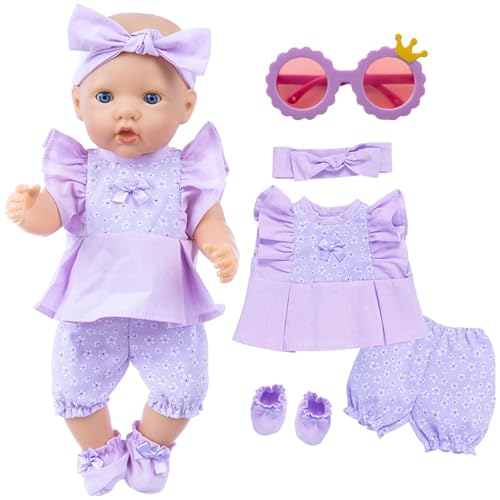 Niedliche Babypuppenkleidung, lila Blumenset, 5 Reborn-Babypuppenkleidung mit kurzärmligem Oberteil und Shorts, Schleifenstirnband, Schuhen, Kronenbrille, süßen Puppen-Outfits, geeignet zum Anziehen von BOZILY