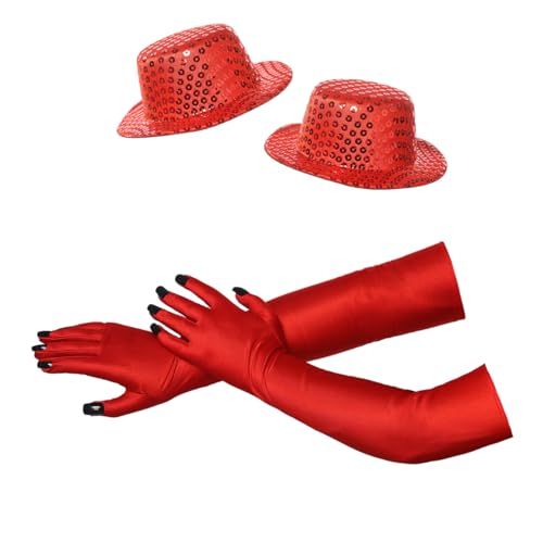 BPURB 4 Stück Halloween Kostüm Cosplay Rot Pailletten Mini Zylinder Stirnband und ellbogenlange Handschuhe mit Schwarzen Nägeln (Einheitsgröße, Rot) von BPURB
